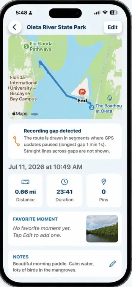 PaddlePin paddle journal entry for Oleta River State Park with route map, distance, duration and notes.