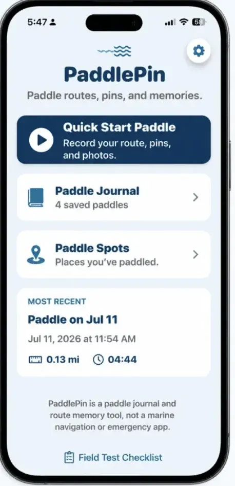 PaddlePin home screen with Quick Start Paddle, Paddle Journal and Paddle Spots.