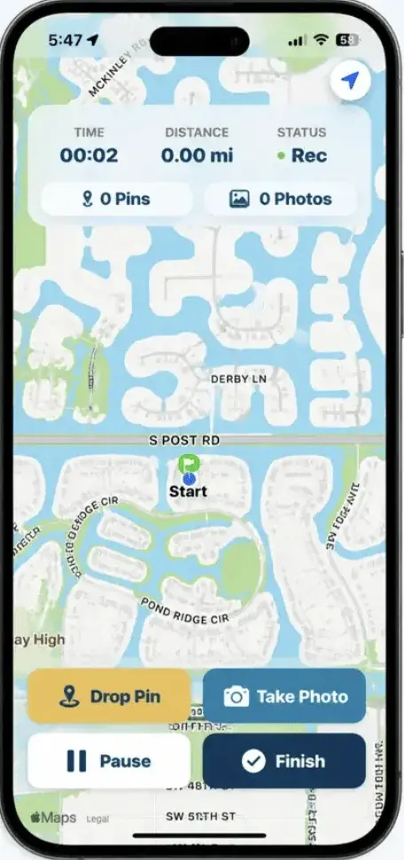PaddlePin recording a live paddle with time, distance, pins and photo controls.