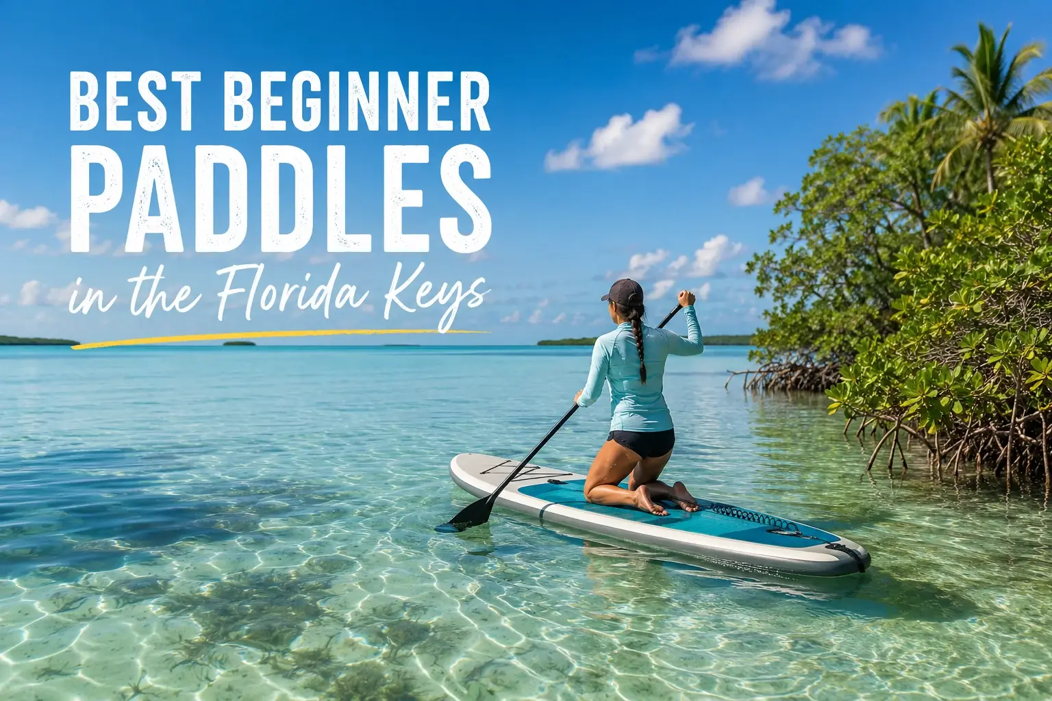 Paddler on a stand-up paddleboard in shallow turquoise water beside mangroves in the Florida Keys.