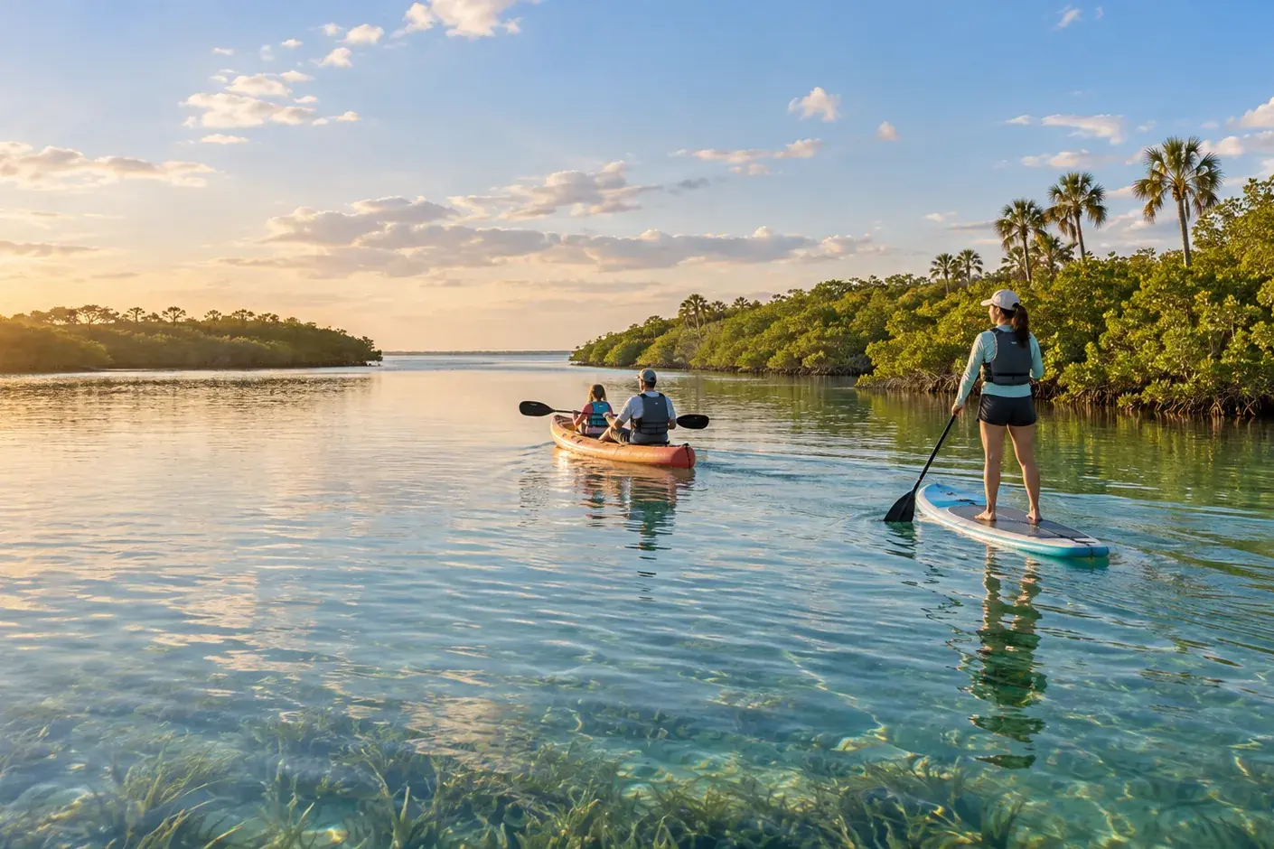 A paddleboarder and a tandem kayak moving through calm water beside a mangrove shoreline.