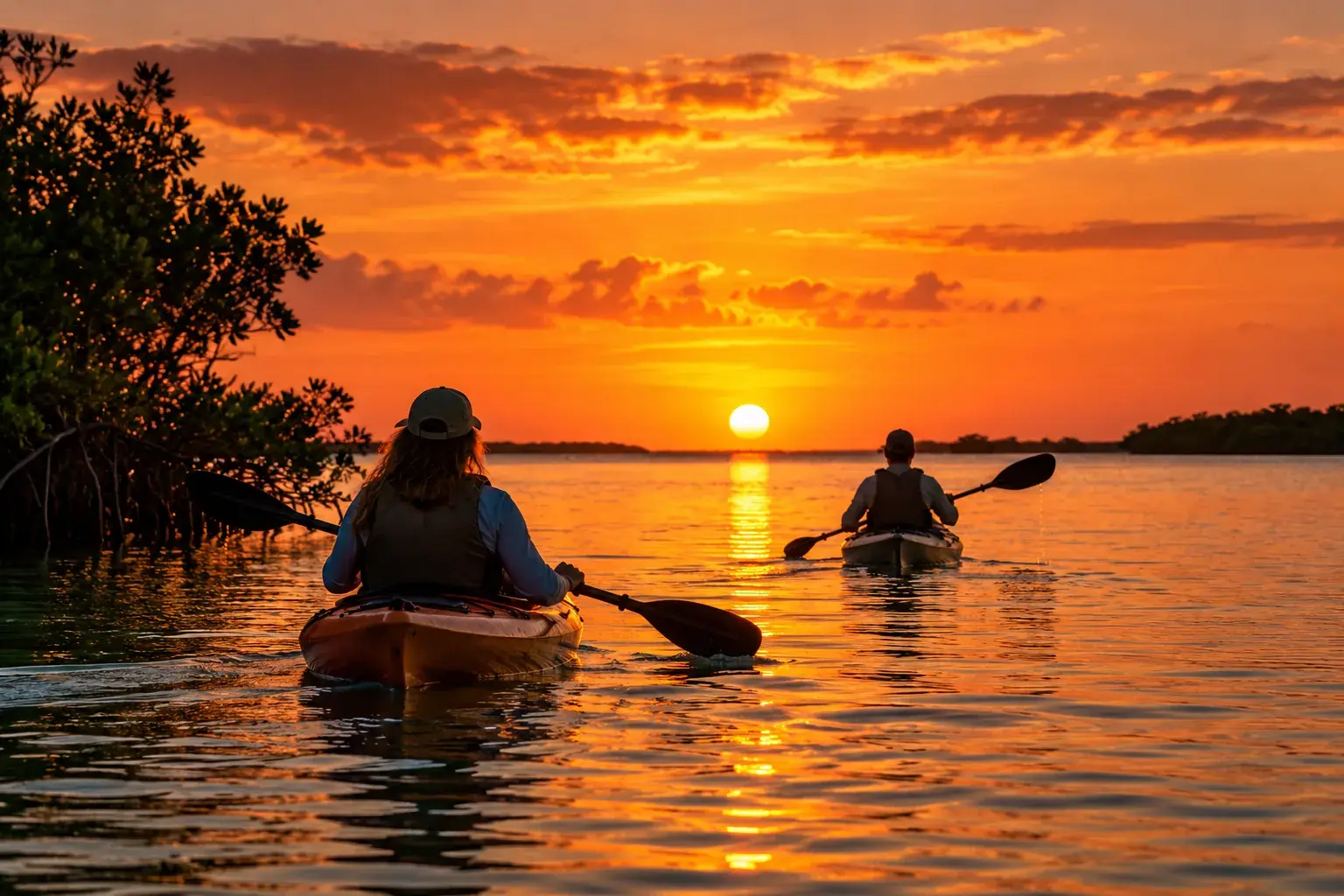 Two kayakers paddle across calm water toward a low, glowing sunset, with mangroves along the left edge.