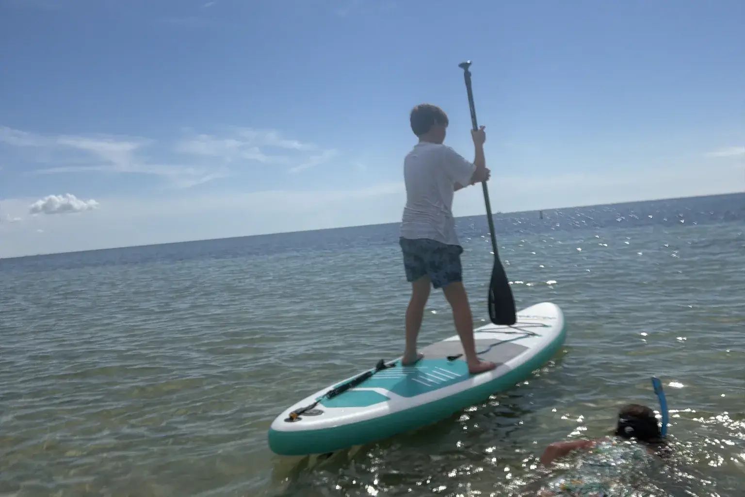 Paddler on an inflatable SUP on the calm Atlantic side of Bahia Honda State Park.